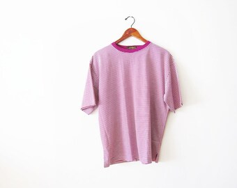 90s shirt - 90s striped shirt - thin stripe t shirt - boxy shirt - 90s clothing - pink stripe shirt - grunge shirt - mens stripe shirt L