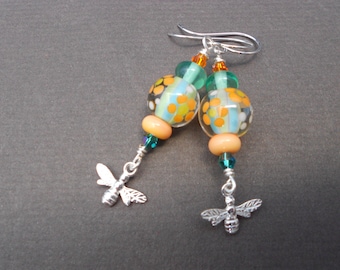 Boho earrings,Multicolour earrings,Drop earrings,Silver earrings,Artisan Lampwork earrings,Bee earrings,Spring earrings,Flower earrings,Ooak