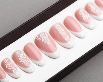 Pink French Deco Press on Nails | Bride's Nails | Fake Nails | False Nails | artificial nails| Wedding Nails