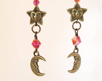 Moon Earrings, Star Earrings, Red Orange Swarovski Antiqued Brass Dangle Earrings