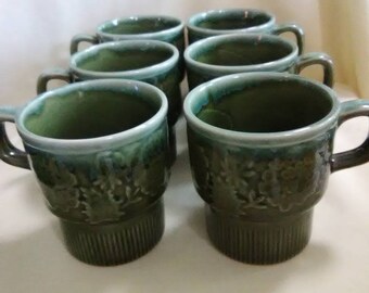 Vintage set of 6 green coffee cups. Made in Japan