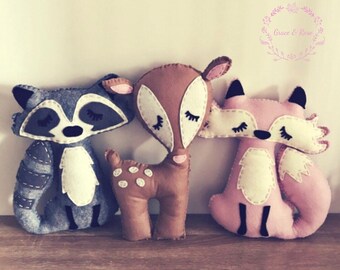 Forrest Friends Stuffed Animal Set, Felt Hand Sewn