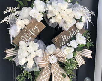 Wedding wreath for front door, wedding wreath with sign, bridal wreath for door, bride groom wreath, white wedding wreath, elegant wedding