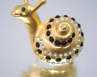 Snail Brooch Large Rhinestone Black Gold Clear Figural NOS Unused