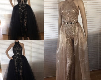 jumpsuit skirt dress prom tulle lace bridesmaid bodysuit sequins detachable leggings blush cocktail reception formal