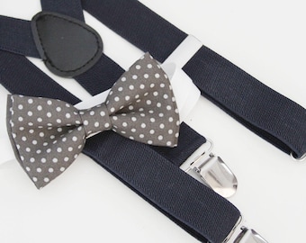Dark gray and white polka dots bow-tie & Navy elastic suspender set - Groomsmen bow tie and Suspenders - Ring bearer bow tie and suspenders