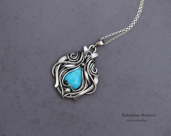 Turquoise silver necklace. Nevada turquoise stone, silver jewelry, handmade jewelry, wire wrap jewelry