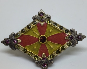 Vintage Enamel Art Nouveau Diamond Shaped Brooch with Swarovski Crystals Catherine Popesco La Vie Parisienne