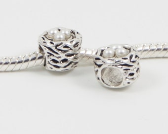 3 Beads - Bird Nest Pearl Beads Silver European Bead Charm E0108