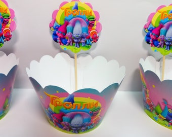 Trolls Cupcake Wrappers and Toppers. Sets of 10. Paper cupcake wrappers 10 and toppers 10. Trolls cupcake toppers.