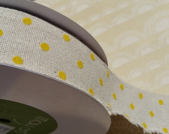 Natural Ribbon With Velvet Polka Dots - Yellow Trim - May Arts Ribbons - 1 1/2" Wide - 20 Yards - ENTIRE SPOOL - Destash SALE