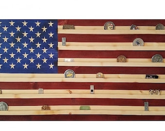16" x 28" Rustic Handmade American Flag Military Challenge Coin Display