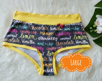 boyshort, panties, brief, underwear, size large for woman, with writing print