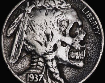 Hand Carved Buffalo Nickel coin human SKULL - Hobo nickel by Seth Basista SB carvings engraved sculpted