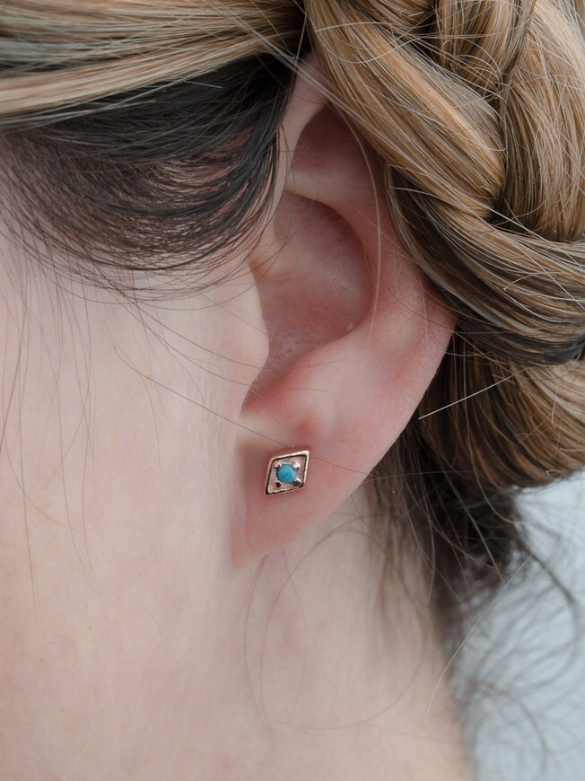 Boho Diamond and Turquoise Stud Earrings Gold Plated