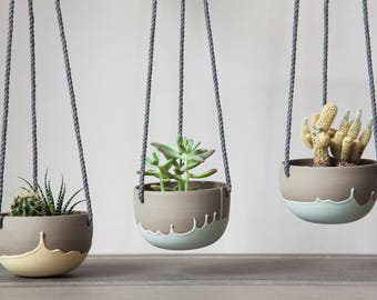 Small plant hanger turquoise and grey. Ceramic hanging planter. Cute planter. Cactus, succulent, plant pot