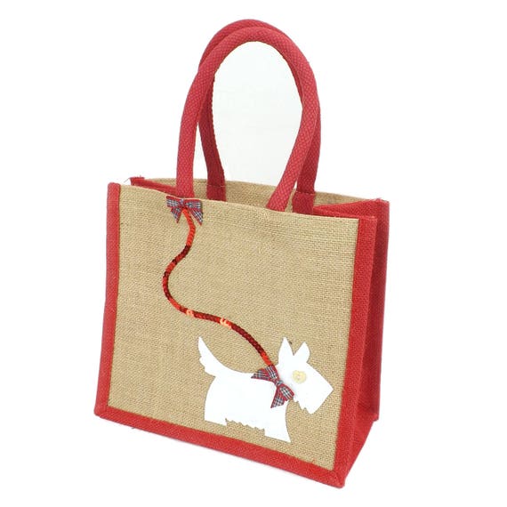 Jute Hessian Burlap Red Trim Lunch / Small Tote Shopping Bag