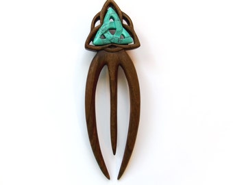 Wooden Hair Fork, Hair Comb, Celtic Symbols Triquetra, 3 Prong, Walnut Wood, Natural Hair Accessories, Designed and Handmade by MariyaArts