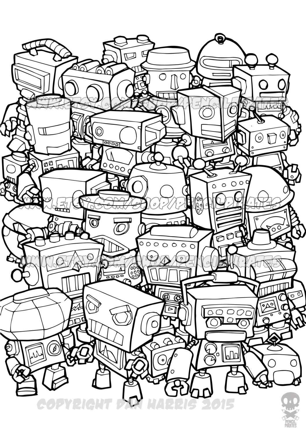 Retro Robot Colouring Page Adult colouring book page one