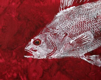 Perch Original GYOTAKU Fish Rubbing Art on Deep Rich Red Cloth Lake House Cottage Decor by Barry Singer