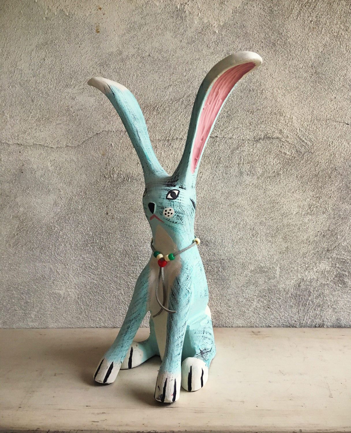 Vintage folk art rabbit sculpture by Rodriguez, rabbit wood