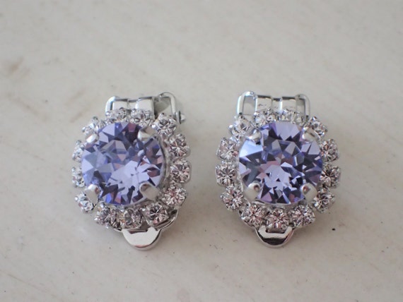 Provence Lavender & Clear Crystal Halo Clip On Earrings, Silver