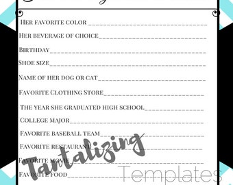 Breakfast at Tiffany's Bridal Shower Game Template - How well do you know the bride?
