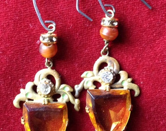 Czech amber stone and rhinestone earrings
