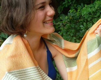 Hand woven scarf, wool baby camel and silk, Merino, peach, striped