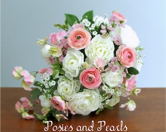 Cascading White and Light Pink Silk Flower Bridal Bouquet, Ranunculus, Sweet Peas, Queen Anne's Lace, Baby's Breath, Petite Size, "Lyndee"