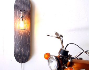 Repurposed Skateboard Lamp- Skate Sconce- Grey Wood Sconce- Industrial Cage Light- Upcycled Wall Lamp- Skateboard Decor Light- FREE SHIPPING