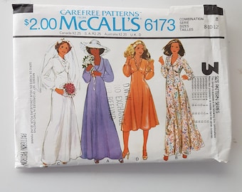 70s Sewing Pattern Empire Waist Dress - Maxi Dress Pattern - Neckline Variations - Size 8 10 Bust 31.5 32.5" McCalls 6173 A