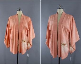 Vintage Silk Kimono Robe / Vintage Dressing Gown / Vintage Lingerie Robe / Loungewear / 1950s Peach & White Ombre