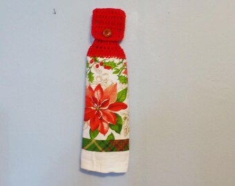 Hanging Kitchen Towel Crochet Top Doubled Christmas Poinsettia Holy Red Flowers
