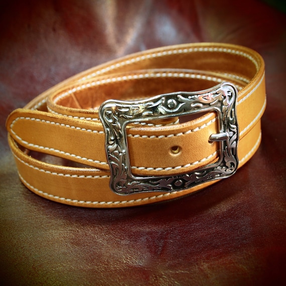 Leather belt natural, ladies, Men- Oiled, stitched and sealed- Western style belt made for You in Brooklyn by Freddie Matara USA USA