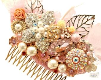 Cristal de Swarovski Baby Pink Oro Marfil Plata Gatsby Feather 1920 Crystal Classic Vintage peine del pelo nupcial Deslice pieza