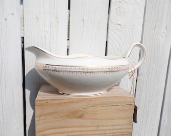 Vintage Pope Gosser China Gravy Boat in White and Gold - Cottage Kitchen from the 1920-1930s
