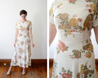 1990s Cream Rose Print Midi Dress - M