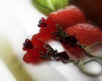 Red Flower Earrings, Floral Jewelry, Crimson Swarovski Crystal, Gifts for Gardeners, Mother's Day Anniversary Gifts for Her, Flowers