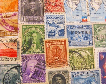 Darwin's Playground 50 Vintage Ecuadorian Postage Stamps Republic of Ecuador Latin Love South America Galapagos Worldwide Postage Stamps