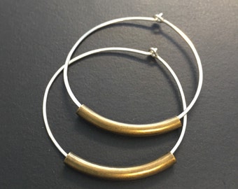 Sterling Silver Hoop earrings - Mixed Metal Hoops - Medium sized hoop earrings - Silver and antique gold/brass hoop earrings