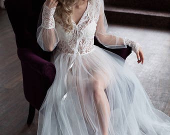 Lace boudoir dress / Boudoir gown / Bridal morning / Tulle boudoir gown / Floor length boudoir gown / transparent dress