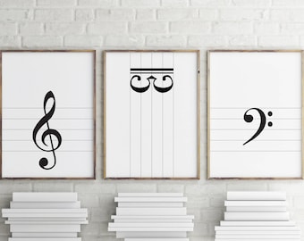 Music prints: treble clef / bass clef / alto clef > printable instant download / monochrome musical decor