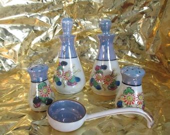 Vintage Oil & Vinegar Cruets with Stoppers, Salt / Pepper Shakers, and a Matching Ladle Meito China Lusterware Japan