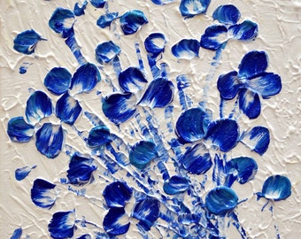 WHITE BLUE 48x48 Flowers Bouquet Impasto oil on Canvas Large Abstract Bouquet Art by Luiza Vizoli