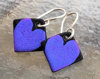 Small Love Hearts Dichroic Glass Earrings Handetched Purple