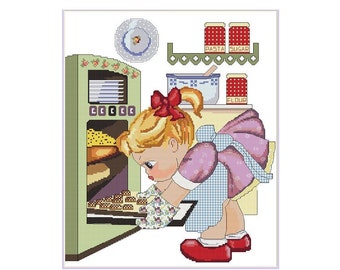 Cross stitch pattern PDF - Little Helpers. Baking Girl. For kids bedroom.