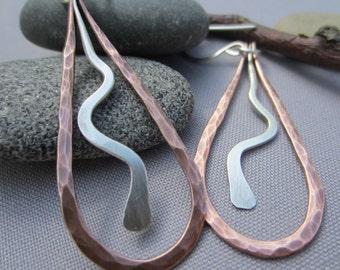 Hammered Copper Earrings/ Mixed Metal Earrings/ Hammered Mixed Metal Earrings/ Copper Wire Earrings