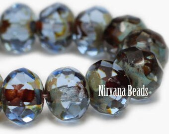 Antique Czech Beads, Light Sapphire Beads, Strand of 25, Rondelle Beads, Glass Beads, Antique Beads, Czech Beads, Picasso Beads, Blue Beads