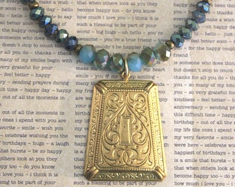 Vintaj Jewelry, Celadon Jewelry, Vintage Look, Decorative Pendant, Brass Necklace, Scrollwork Design, Crystal Necklace, Gift Ideas